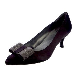 Stuart Weitzman Satin Bow Evening Pumps Black Women’s 7.5 Kitten Heel Size 7.5M